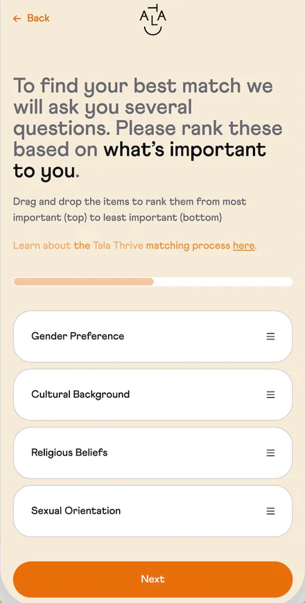 Tala Thrive app, ranking questionnaire